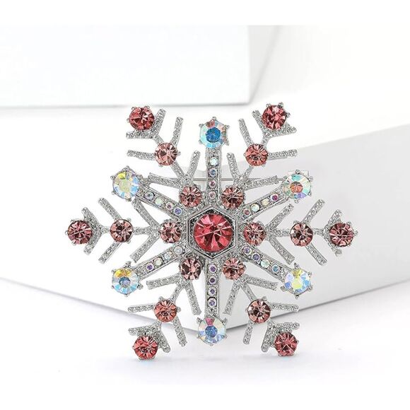 Women Rhinestone Snowflake Brooch Crystal Winter Snowflake Brooch Pin Pink - Picture 3 of 5